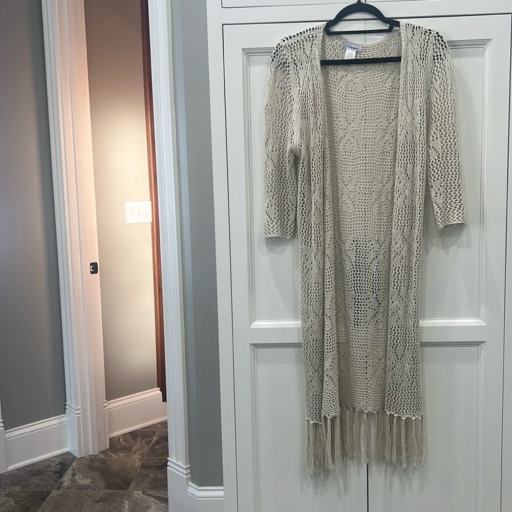 C.H. impressions Crochet Open Knit Long-Cardigan 3/4 Sleeve Maxi Womens Medium